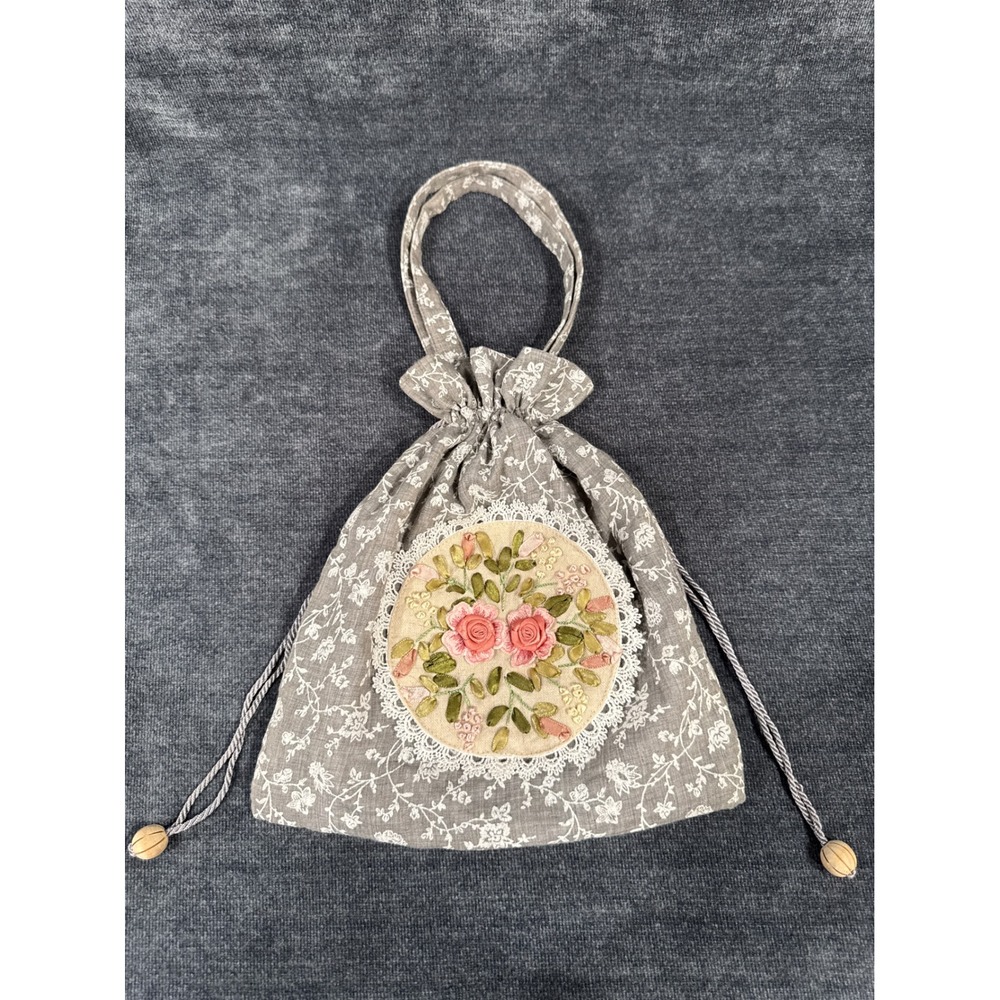 Hopeless Romantic Gray Floral Ribbon Embroidery Lace Drawstring Tote Bag Handbag - Picture 2 of 12
